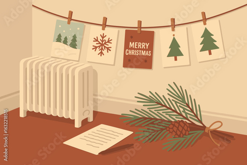 Cozy holiday decorations with a warm radiator and festive cards in a simple indoor space