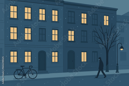 Evening stroll on a snowy street near cozy homes with warm lights shining through windows