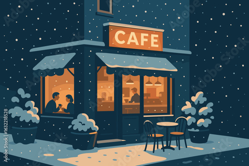 Couple enjoying warm drinks outside cozy cafe during snowy evening in winter