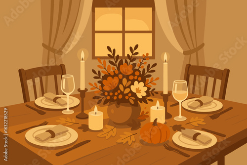 Warm autumn dinner setting with candles and floral centerpiece on wooden table