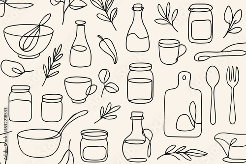 Line drawing of kitchen utensils, herbs, and condiments on a light background, ideal for culinary design projects