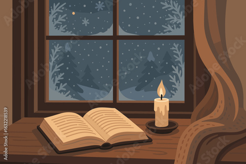 Cozy winter evening with open book and candlelight by the window during snowfall