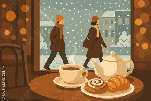 Cozy cafe setting with tea and pastries as snow falls outside on a chilly day in winter