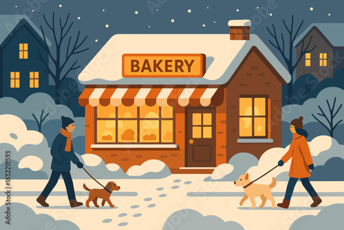 Couples walk dogs past a cozy bakery in a snow-covered neighborhood during a winter evening