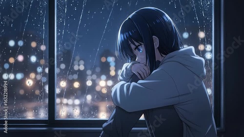 Pensive Anime Girl Watching Rainy City Lights Through a Window at Night