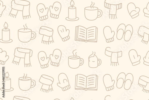 Cozy winter patterns featuring mittens, scarves, candles, and cups in soft colors