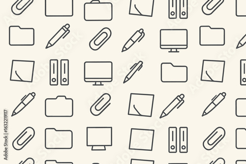 Background pattern featuring office supplies and equipment in a minimalist design style for creative projects