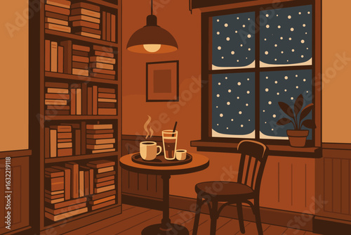 Cozy indoor cafe setting with warm lighting, books, and a winter view of falling snow