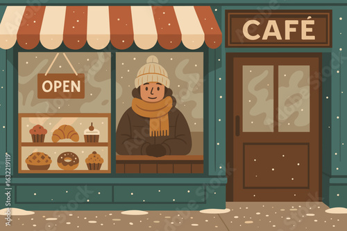 Cozy winter cafe scene featuring a smiling barista and freshly baked pastries in a snowy environment