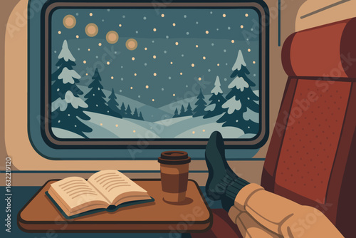 Cozy winter train journey with a warm drink, a book, and a snowy landscape outside