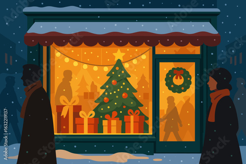 Cozy winter evening with holiday decorations in a shop window displaying a Christmas tree and gifts