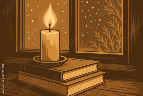 Warm candlelight illuminating books near a window on a snowy evening with a cozy atmosphere