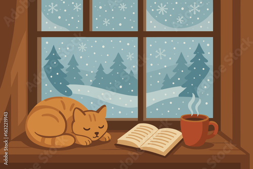 Cozy winter afternoon with a sleeping cat beside an open book and a warm cup of coffee by the window