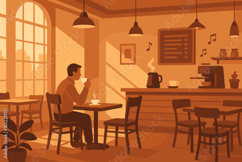 Cozy cafe setting with a man enjoying coffee during the late afternoon