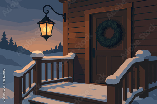 Cozy winter evening at a cabin with a lantern illuminating a snow-covered porch and a wreath on the door