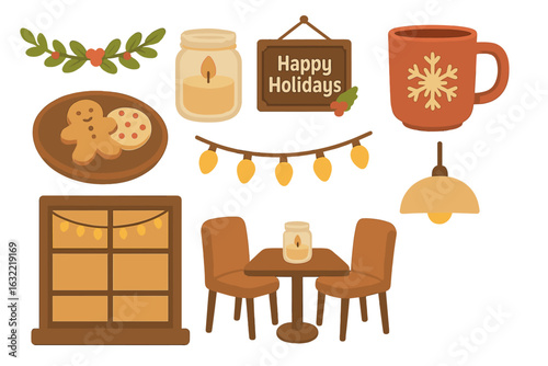 Collection of festive holiday decorations with gingerbread cookies, a cozy candle, and warm drinks for a cheerful atmosphere