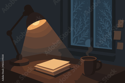 Warm desk setup with cozy lighting near a window on a chilly evening