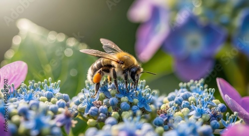 bee pollinating blue hydrangea blossoms natures perfect symbiosis ideal for spring or summer designs