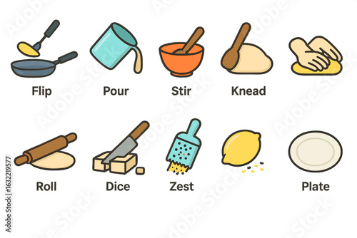 Cooking techniques display showing various methods in culinary preparation on a clean white background