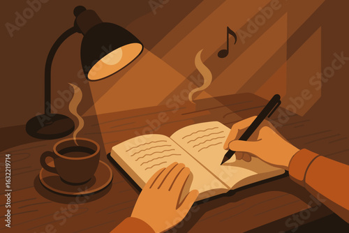 Cozy evening writing session with warm drink and soft light in a comfortable setting