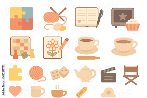 Cozy indoor relaxation activities featuring tea, crafts, and games on a soft pastel background