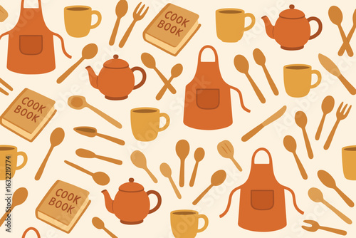 Kitchen utensils and cookbooks create a cozy cooking theme for culinary enthusiasts in a warm color palette