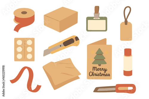 Craft supplies laid out for holiday gift wrapping and card making during Christmas preparations at home