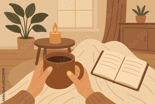 Cozy indoor scene with a person holding a warm drink while reading a book by candlelight in a peaceful room