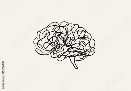 Abstract, stylized brain illustration.  A simple black line drawing of a brain, rendered with interwoven, curving lines, creating a complex, tangled texture