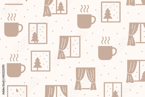 Cozy cafe pattern featuring steaming cups, trees, and window curtains perfect for winter decor