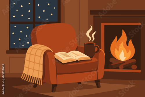 Cozy reading corner with hot drink and warm fire during winter evening