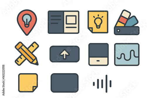Creative workspace elements and tools designed for brainstorming and innovative project planning