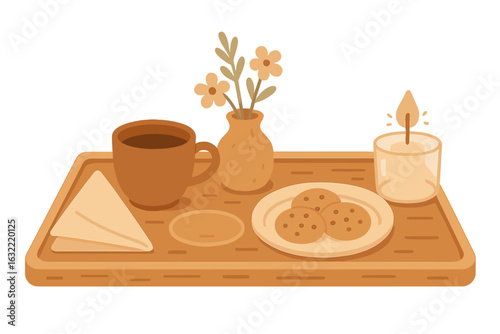Cozy breakfast tray with coffee, cookies, and flowers in a warm setting for a relaxing morning