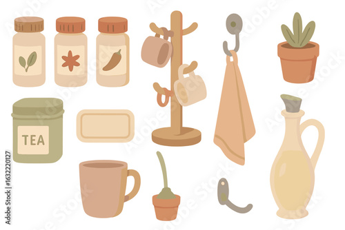 Kitchen items showcasing a cozy and organized cooking space with various containers and utensils