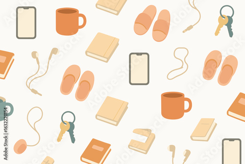 Home workspace essentials arranged creatively in a seamless pattern on a light background