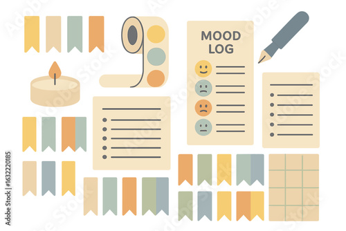 Mood tracking tools and supplies arranged on a clean background for self-reflection and organization