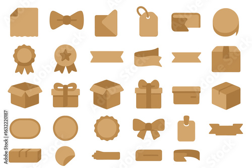 Various brown gift boxes, labels, and decorative elements arranged on a light background