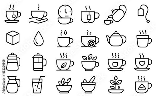 Variety of coffee and tea icons depicting different beverages and brewing methods in a minimalistic design