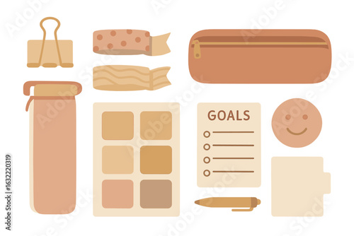 Stationery items arranged neatly for planning and organization in a calming neutral color palette