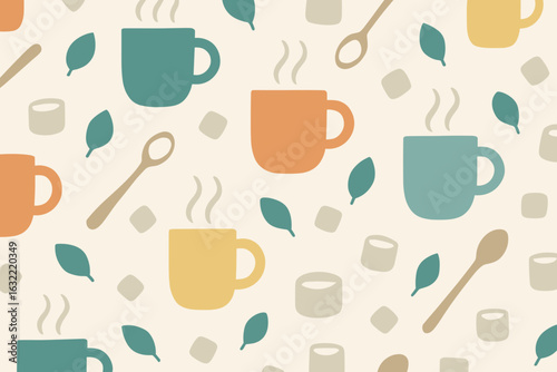 Colorful cup pattern with leaves and spoons on a light background creates a warm, inviting atmosphere for beverage lovers