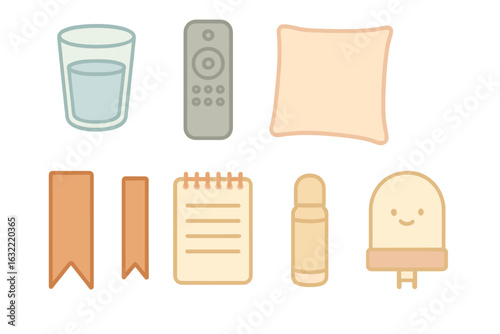 Home relaxation essentials featuring glass, remote, pillow, and cozy items on a light background