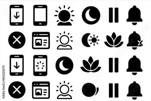 Icons for digital activities and UI elements on smartphones, highlighting time and notifications