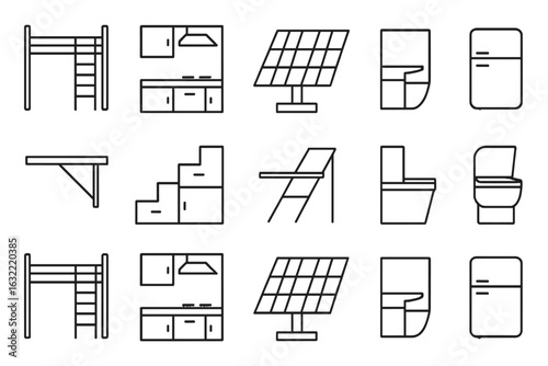Collection of simple line drawings depicting furniture, appliances, and solar panels for home design concepts
