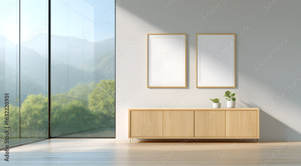 Fototapeta premium empty room with French window and picture frames