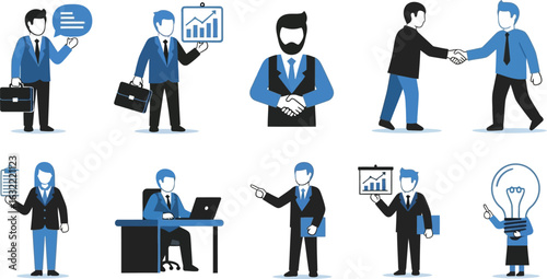 Collection of business people in various poses and activities in a cartoon style illustration
