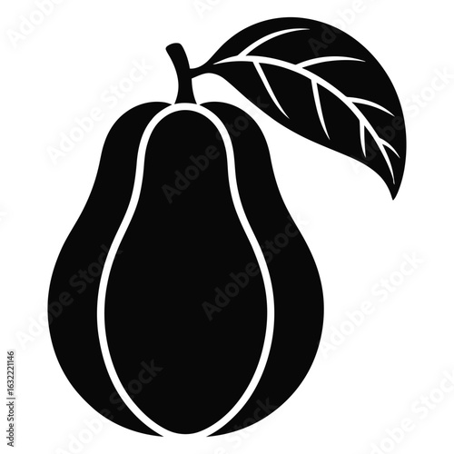 Black silhouette of a pear with a leaf and stem on a white background fruit black and white