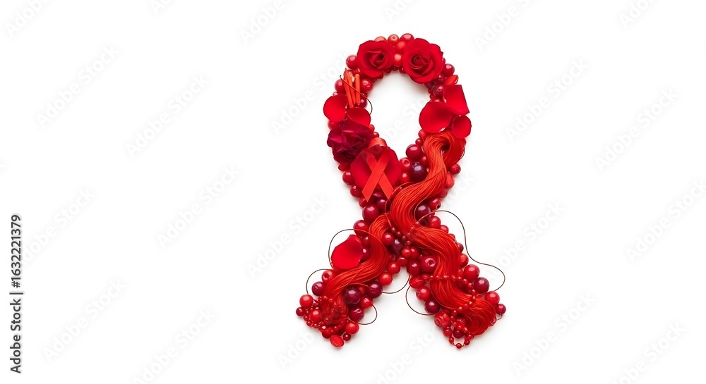 Aids awareness ribbon made of red flowers and berries on a white background for world aids day Aids awareness ribbon made of red flowers and berries on a white background for world aids day