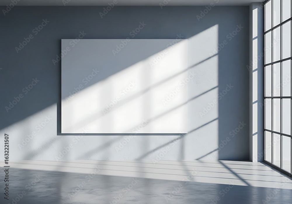 Fototapeta premium Empty room with blank canvas and sunlight casting shadows