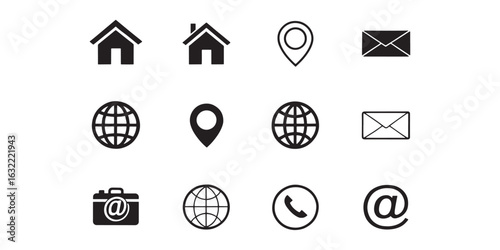 Business card icon set. Contact Us design template. Editable stroke sign pack. Contains icons - name, phone, location, website, address, mail, email, office, mobile, and chat symbol.