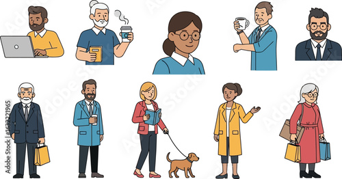 Collection of diverse people in various activities and professions in a cartoon illustration